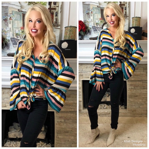 LAST 1! ❤️Multi Stripe Bell Sleeve Top! - Picture 6 of 7